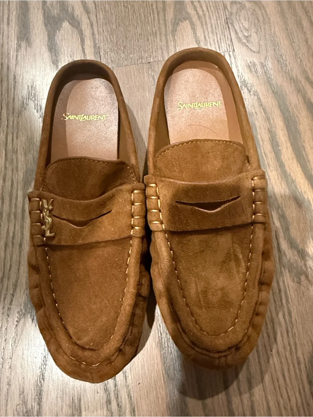 Saint Laurent Brown Suede Penny Loafers with Gold Accent